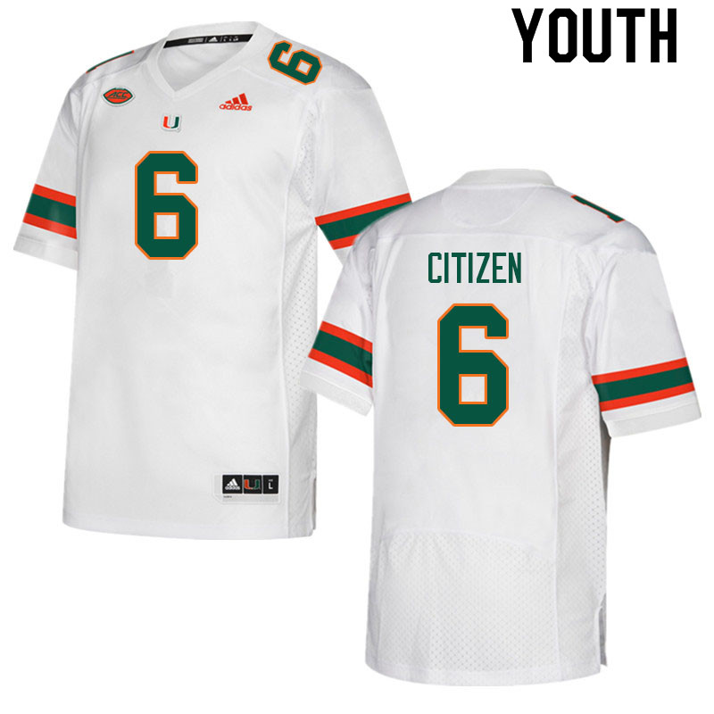 Youth #6 TreVonte Citizen Miami Hurricanes College Football Jerseys Sale-White - Click Image to Close